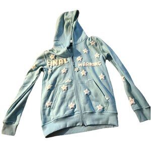 Final Warning blue puff print star zip up hoodie sz small